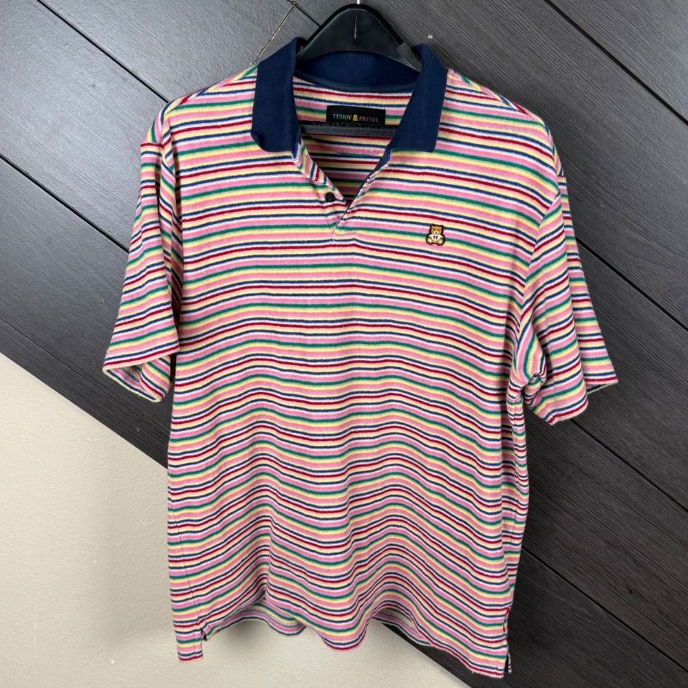 Teddy Fresh Men's Medium Rainbow Stripe Terry Cloth Polo Shirt Y2K Streetwear